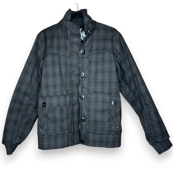 Helly Hansen Mens Plaid Jacket Medium Gray Insulated Padded Coat Gold Lining - Picture 1 of 12